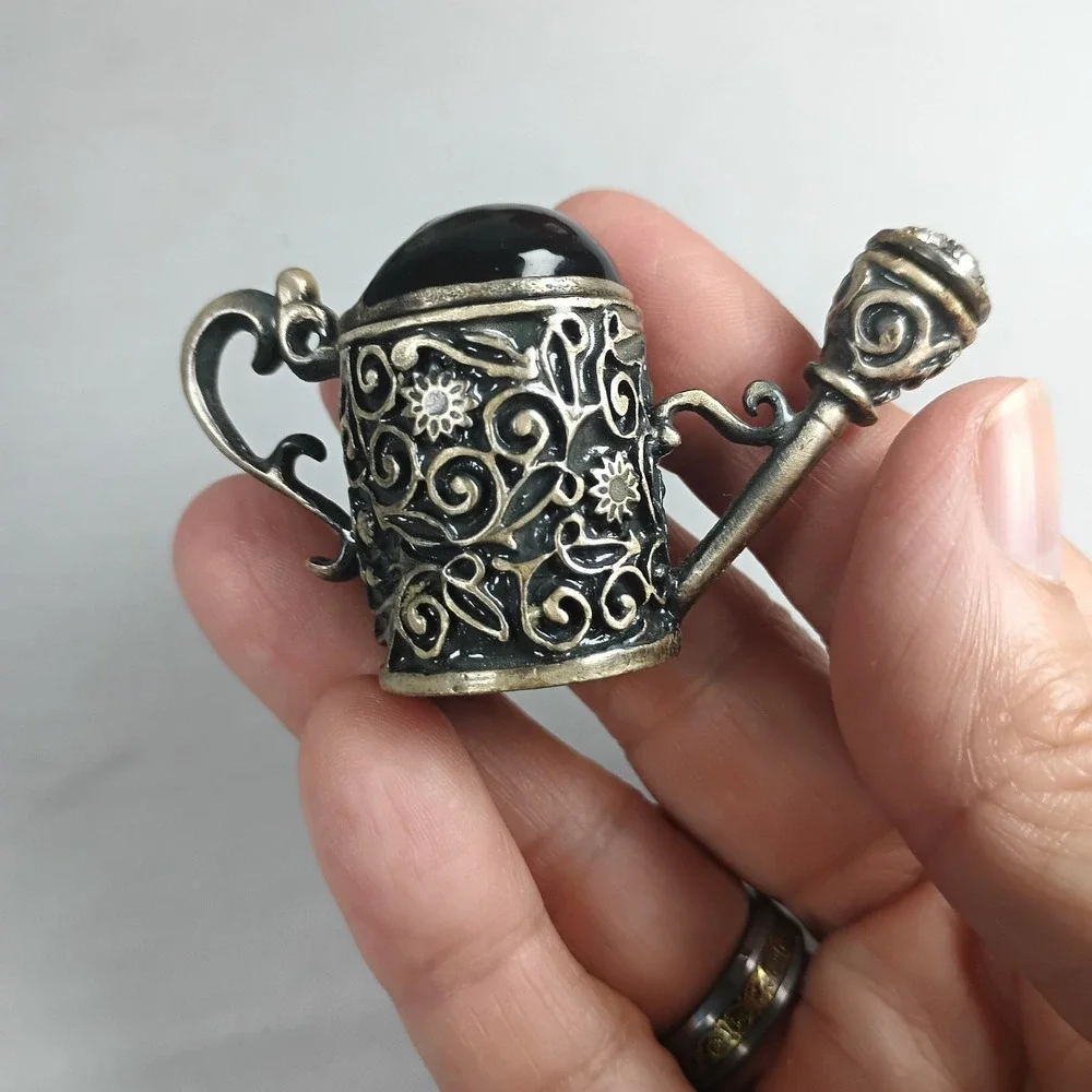Watering Can Trinket Box Black Rhinestones Flowers, Vintage Metal Heavy Charm